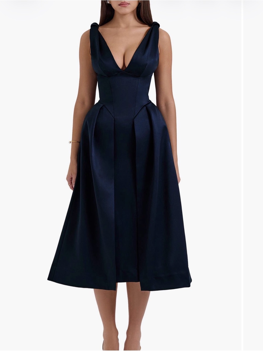 House of CB Deep V Navy Satin Midi Dress